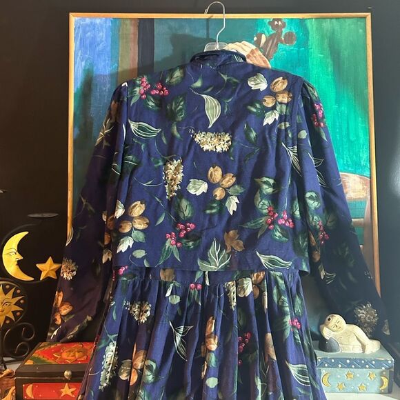 Vintage 90s Karin Stevens Blue Floral Quilted Jacket Dress Size 11/12 - Picture 6 of 16